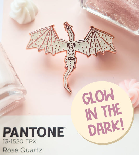 Glow in the dark rose gold Dragon Skeleton enamel pin 1.75 inch | Halloween | enamel pin